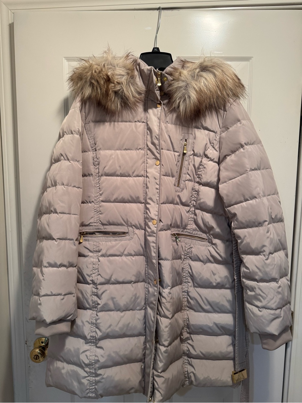 cleo Light Taupe Quilted Puffer Coat with Faux Fur Hood